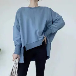 Moda feminina hoodie casual ol commuter manga longa solta em torno do pescoço pulôver meados de comprimento retalhos inverno outono senhora hoodie
