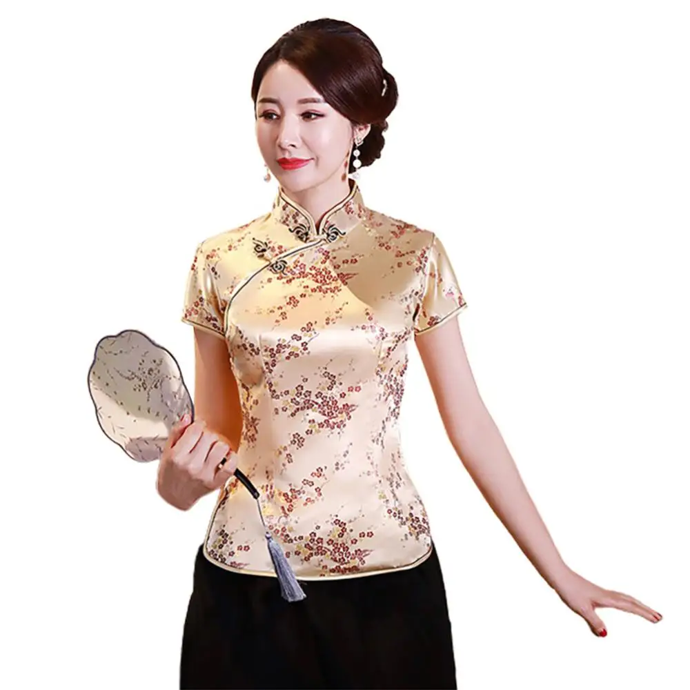 Women Chinese Plum Blossom Short Sleeve Stand Collar Buttons Slim Women's Blouse Shirt Short Sleeve T-shirt Summer Tops