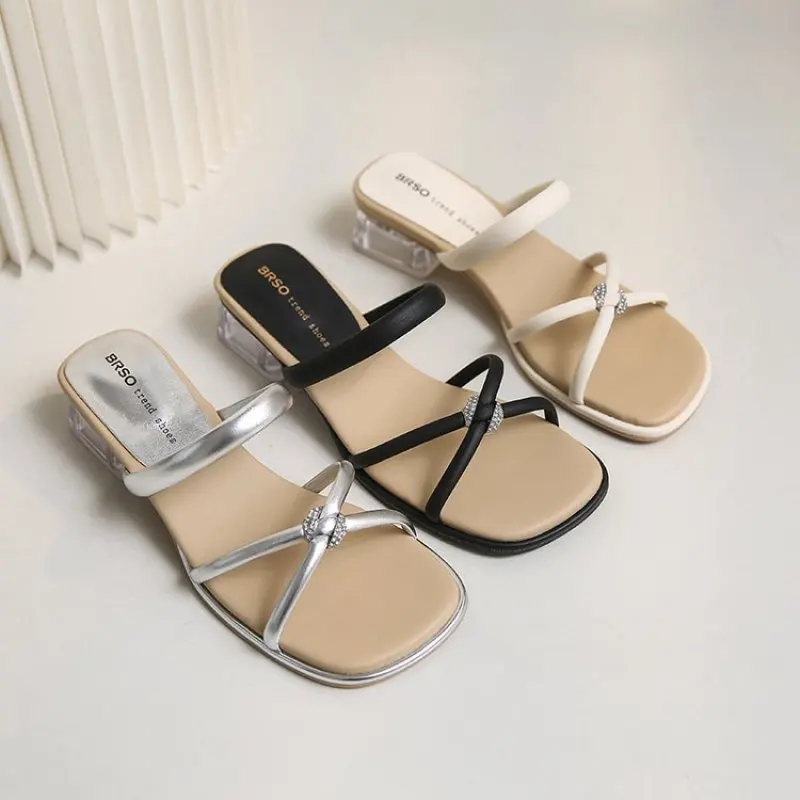 2024 New Designer Summer Pumps Slippers Sandals Shoes Women High Heels Square Toe Sandal Lady Shoes  heels women Fashion Casual
