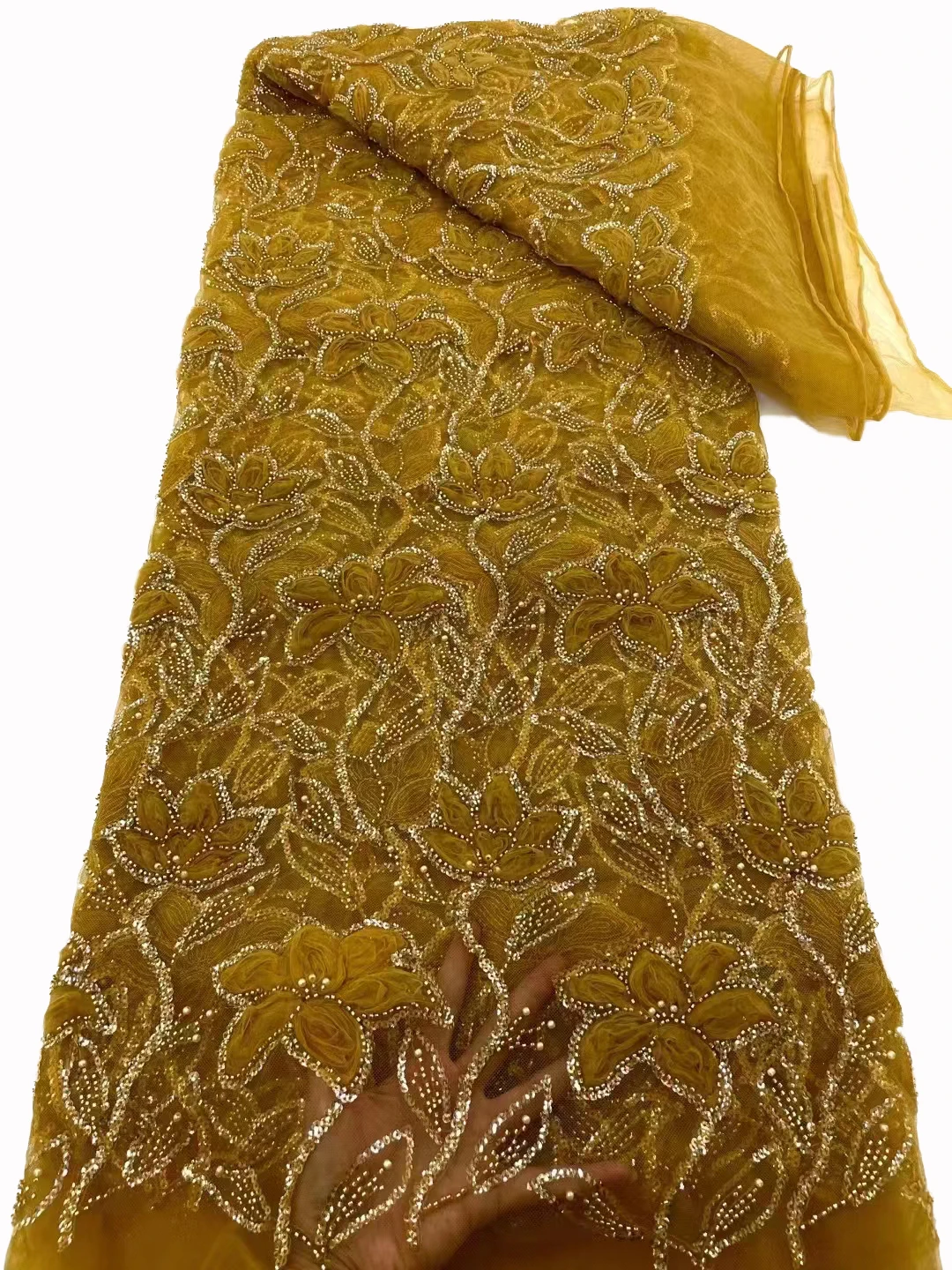 

Сетчатая кружевная вышивка с 3D цветами, Африканское высококачественное платье-Ципао с бусинами, ткань для платья 5 ярдов