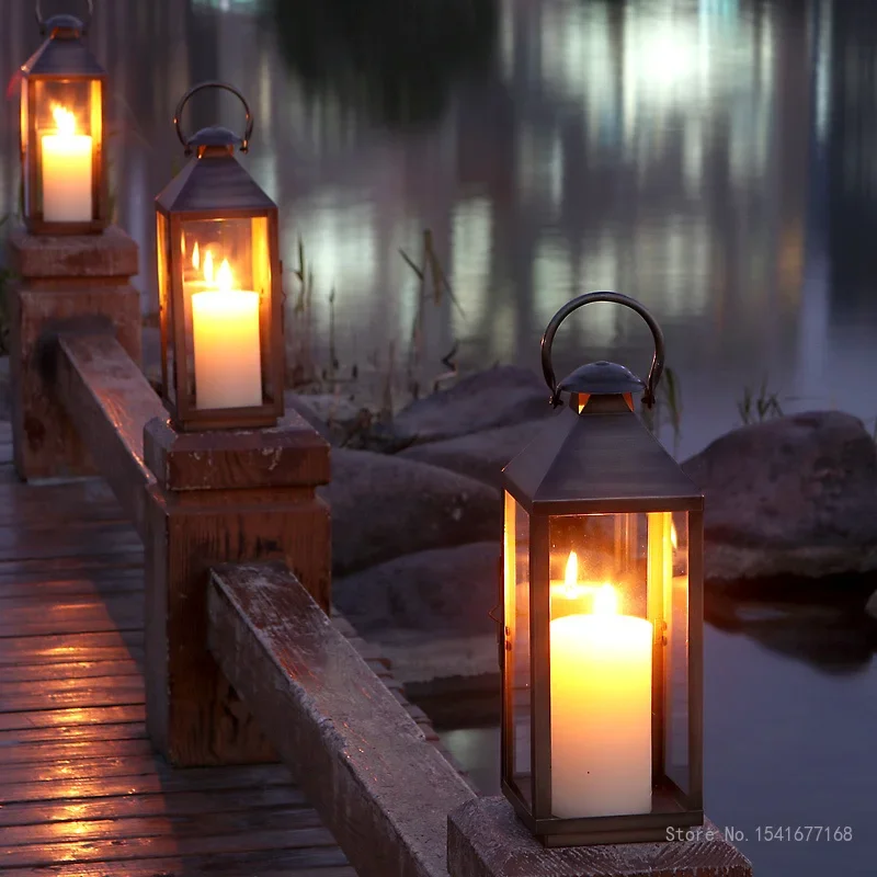 Nordic Outdoor Glass Windproof Candlestick, Wrought Iron, Floor Wind Lamp, Simple Shooting Props, Retro Garden Decor, 1Pc