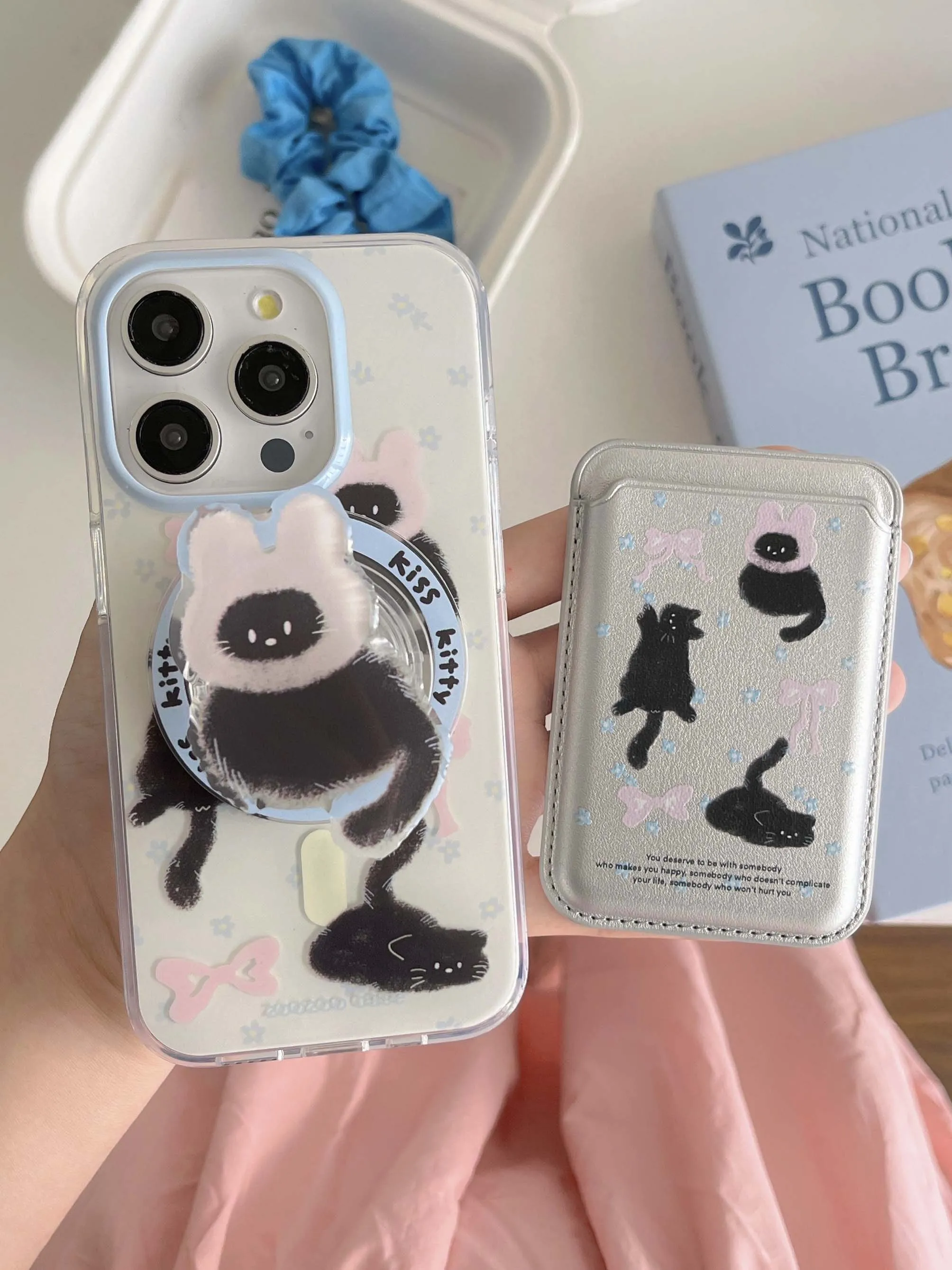 Cartoon Magnetic Stand Holder Phone Case with Cute Cat Design - High Quality IMD Back Cover