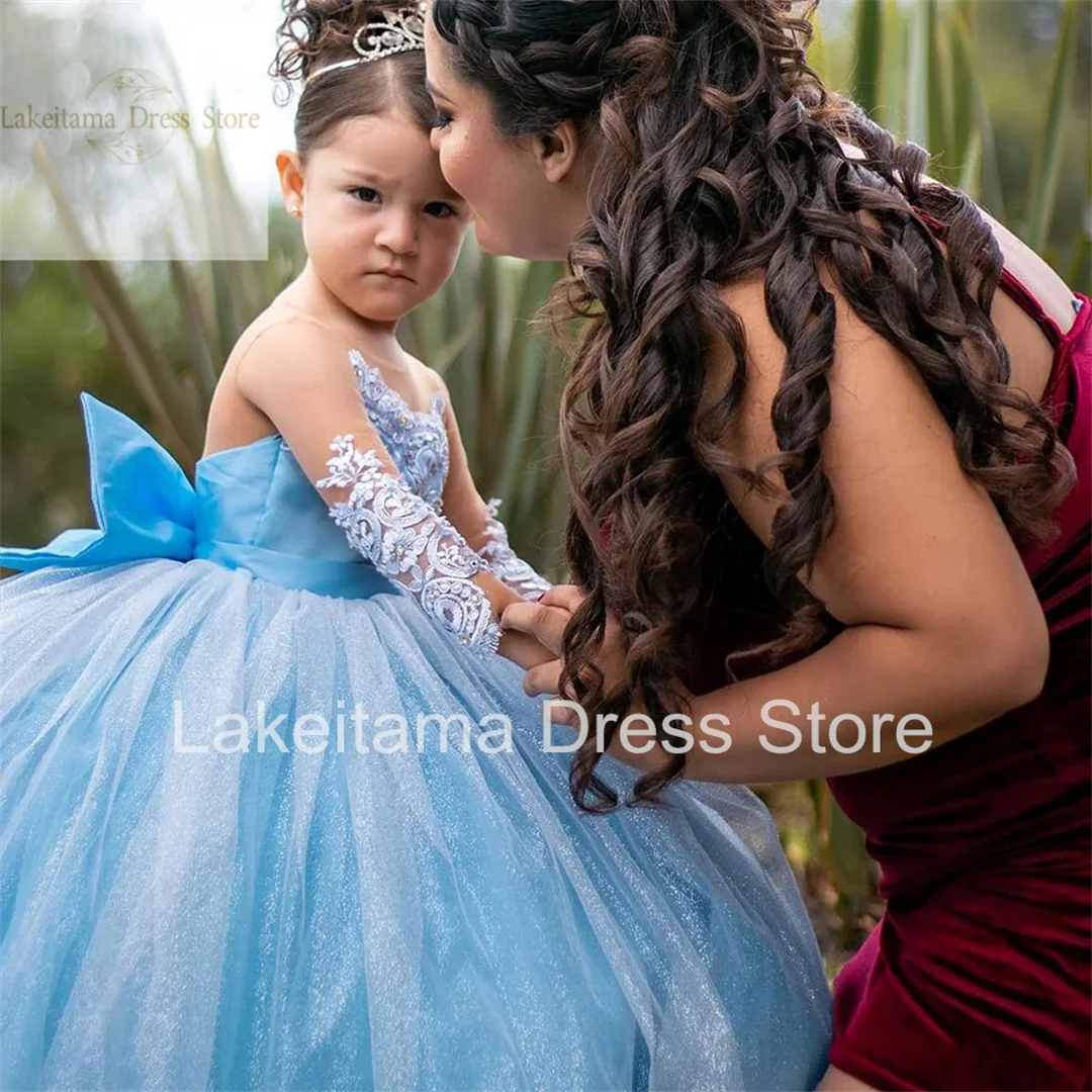 Sky Blue Toddler Flower Girl Dresses Tulle Beaded Bow Long Sleeves Wedding Party Birthday Pageant Robe Holy First Communion Gown