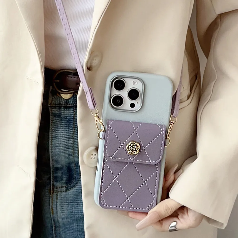 Floral Wallet Crossbody Phone Case with Card Holder and Lanyard