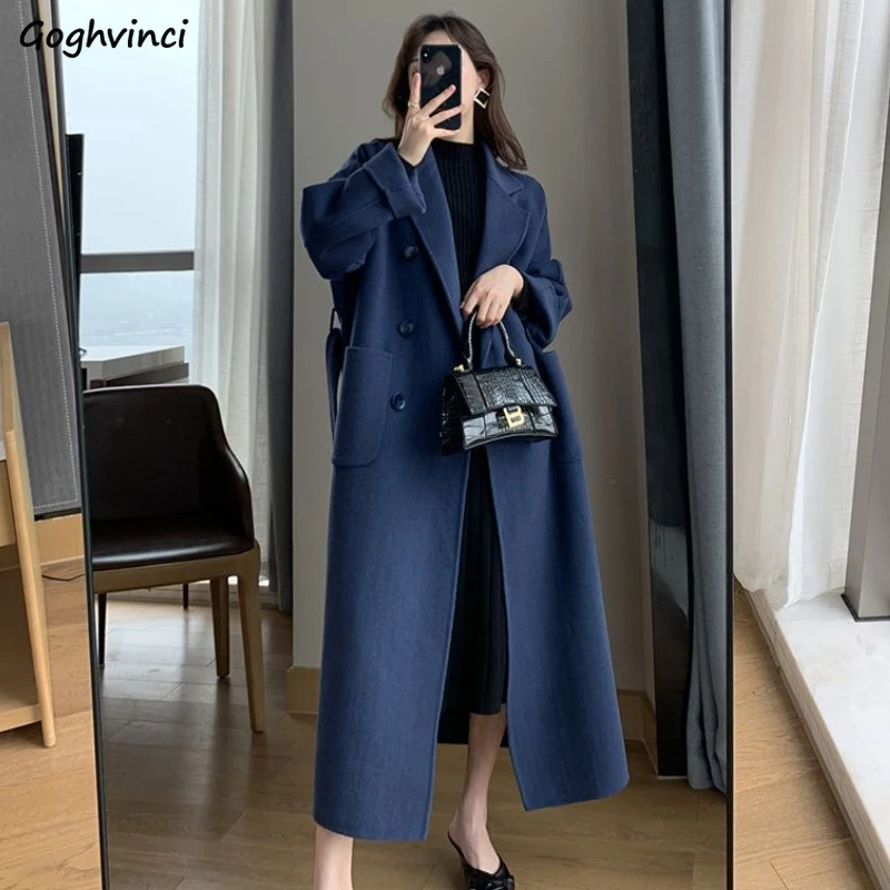 

Long Coats Women Blends Simple Elegant Lace- Up Fashion Temperament Evening Party Autumn Winter British Style New Overcoats