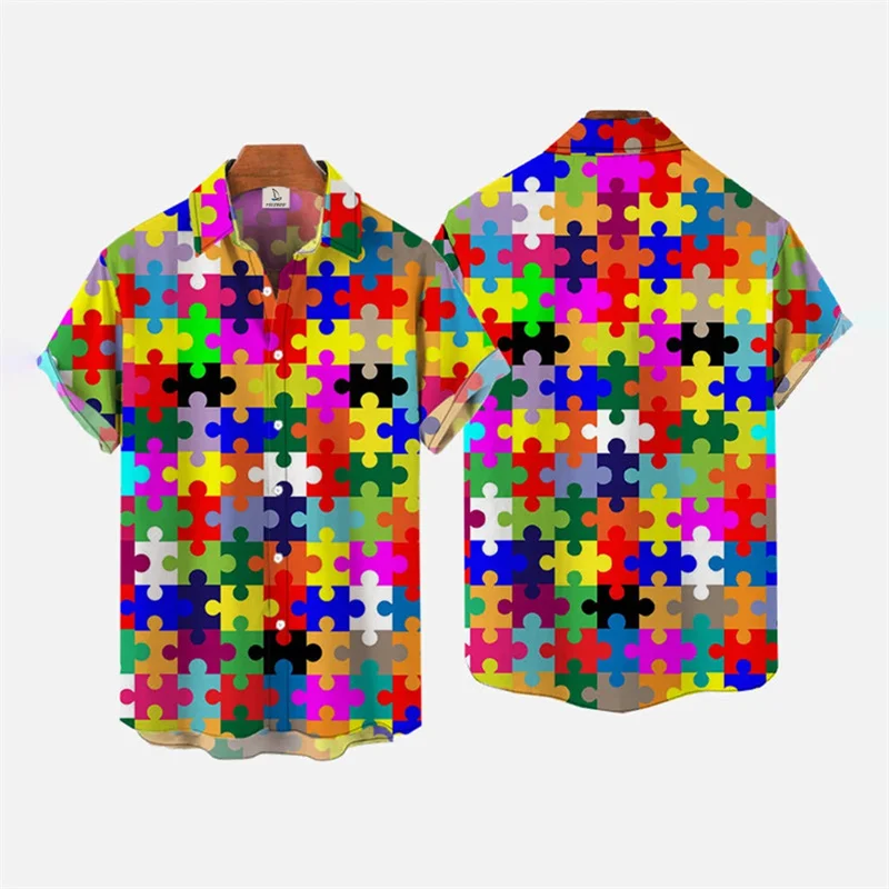 

Funny Puzzle Design Graphic Shirts For Men Clothes Fashion Colorful Joint 3D Printed Blouses Blouses Y2k Boy Short Sleeve Tops