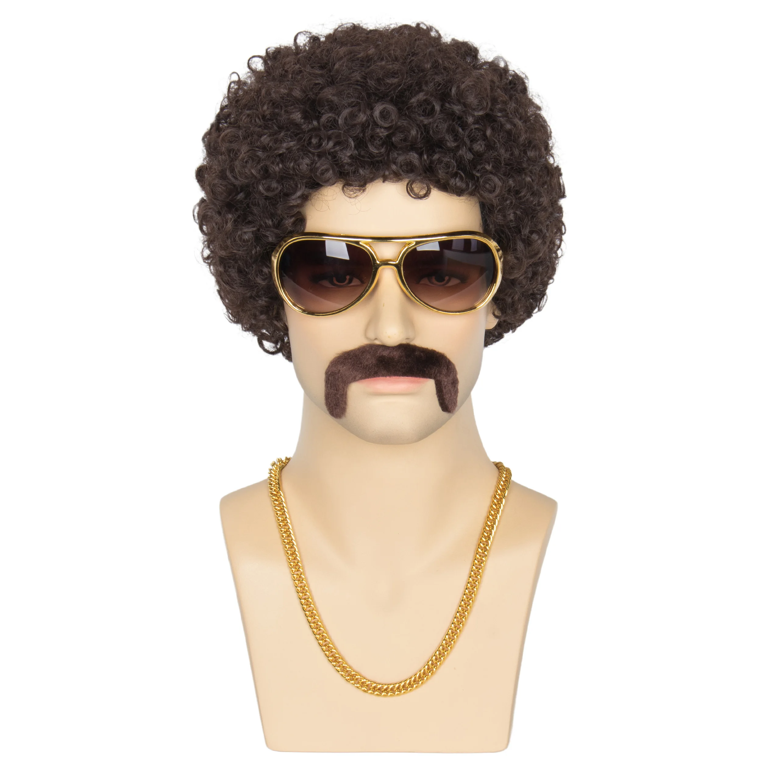 WIG ME UP - 91872-P103 Peluca carnaval Halloween bigote patillas negro retro los años 70 TV cop madero