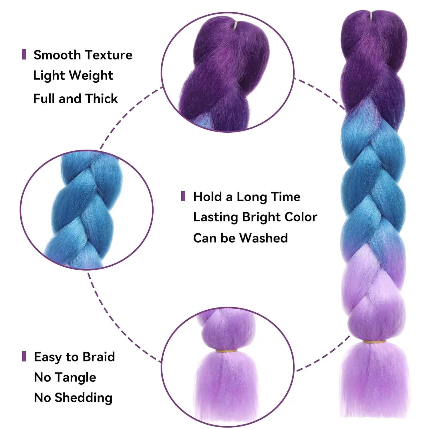 Braiding Hair Extensions Ombre Braiding Hair 24 Inch 1Pack Pre Stretched Box Colorful Twist Extensions Synthetic Crochet Purple/Lake Blue/Light Purple