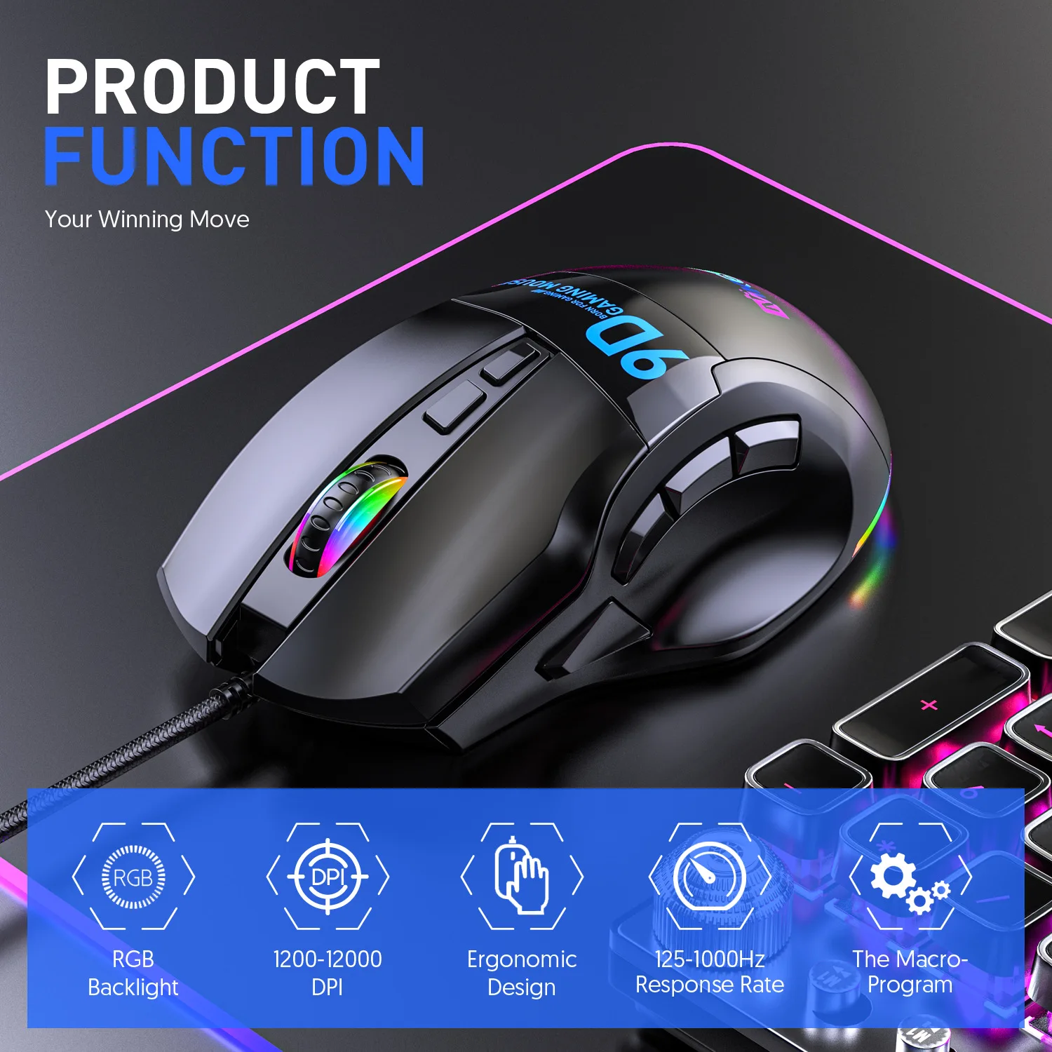 Игровая мышь MKESPN 12000 точек на дюйм Macro RGB с 9 программируемыми клавишами, подходящая для ПК, игрового ноутбука PUBG