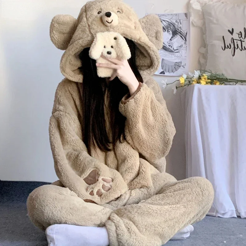 

Autumn Winter Cute Bear Ears Coral Fleece Hooded Pajama Sets Women Sweet Kawaii Warm Homewear Girls Lounge Sleepwear 2PC Set