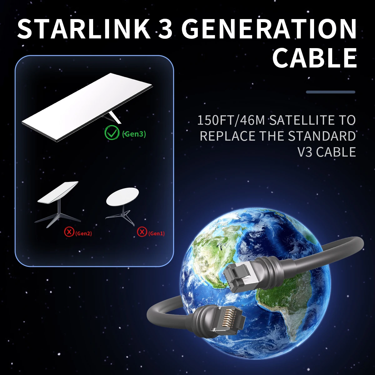Cable Gen3 150FT for Starlink Gen 3 Standard Kit, Ethernet Cable for Star Link V3 Waterproof Grey