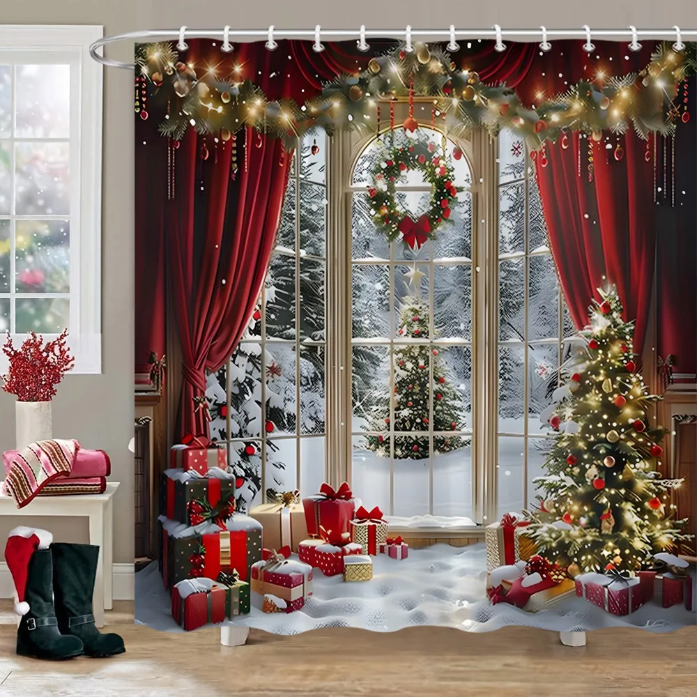 Christmas Decoration Shower Curtain Winter Snow Scene Christmas Tree Gifts Polyester Bathroom Decor