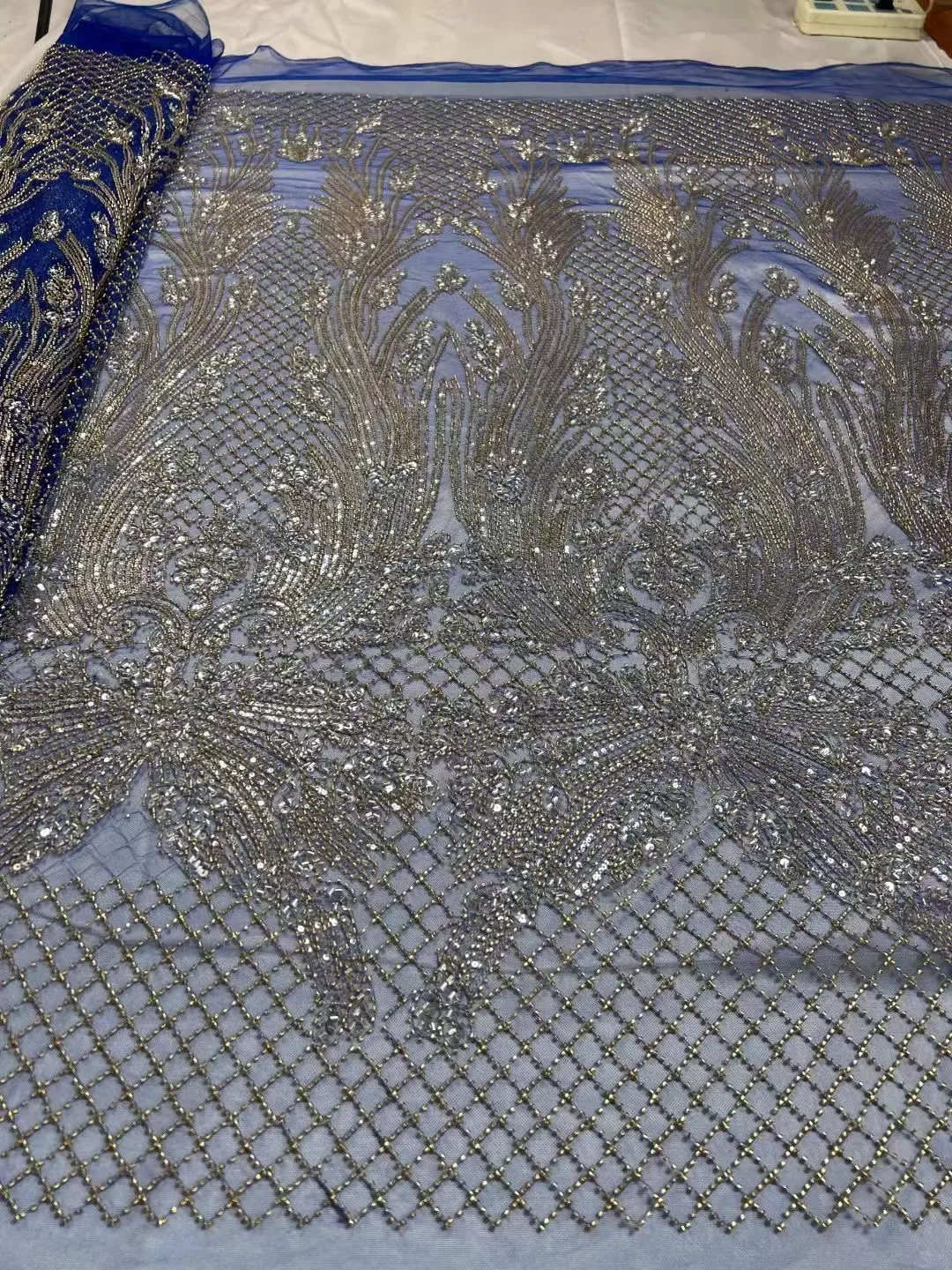 

Blue Embroidery Sequins Pearls Beads African Lace Fabric 2024 High Quality French Embroidery Luxury Beaded Bridal Wedding Lace