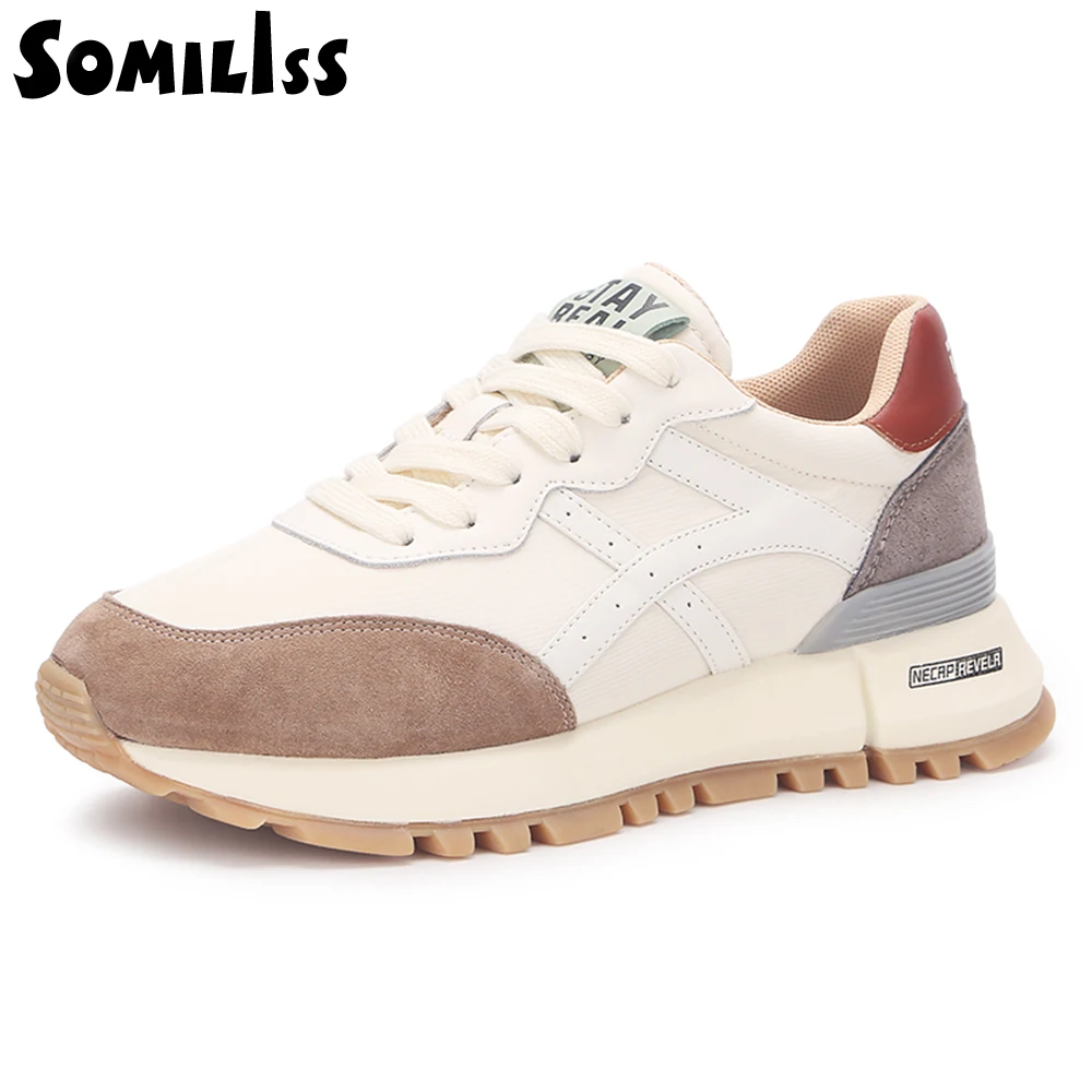 SOMILISS Women Platform Sneakers Genuine Leather Lycra Suede Patchwork Breathable Fashion Ladies Casual Sneakers Running Shoes women shoes casual shoes women sneakers
