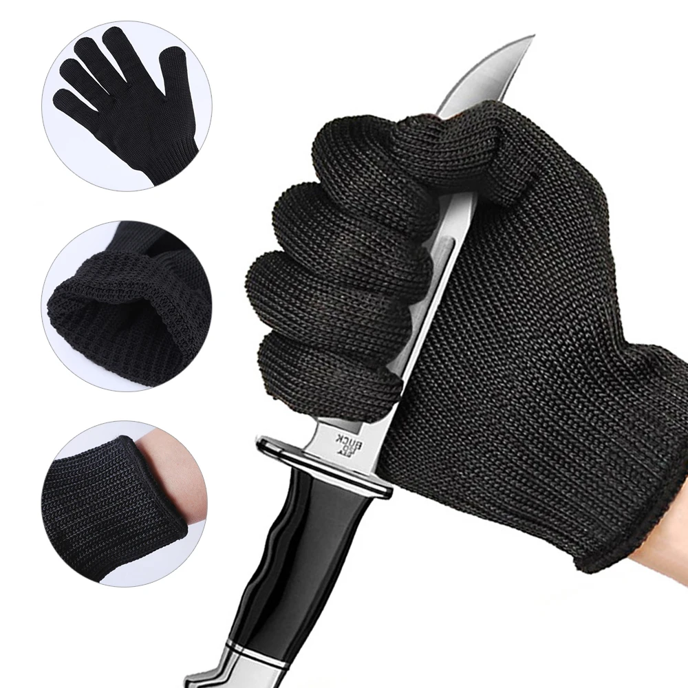 1 paire de gants en maille métallique en fil d'acier noir, sécurité Anti-coupure, résistants à l'usure, gants de travail de boucher de cuisine, auto-défense de jardin