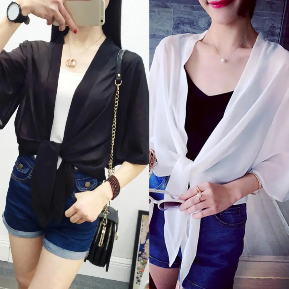 WomenOpenFront34SleeveAntiUVCoverupBlouseSheerShrugThin