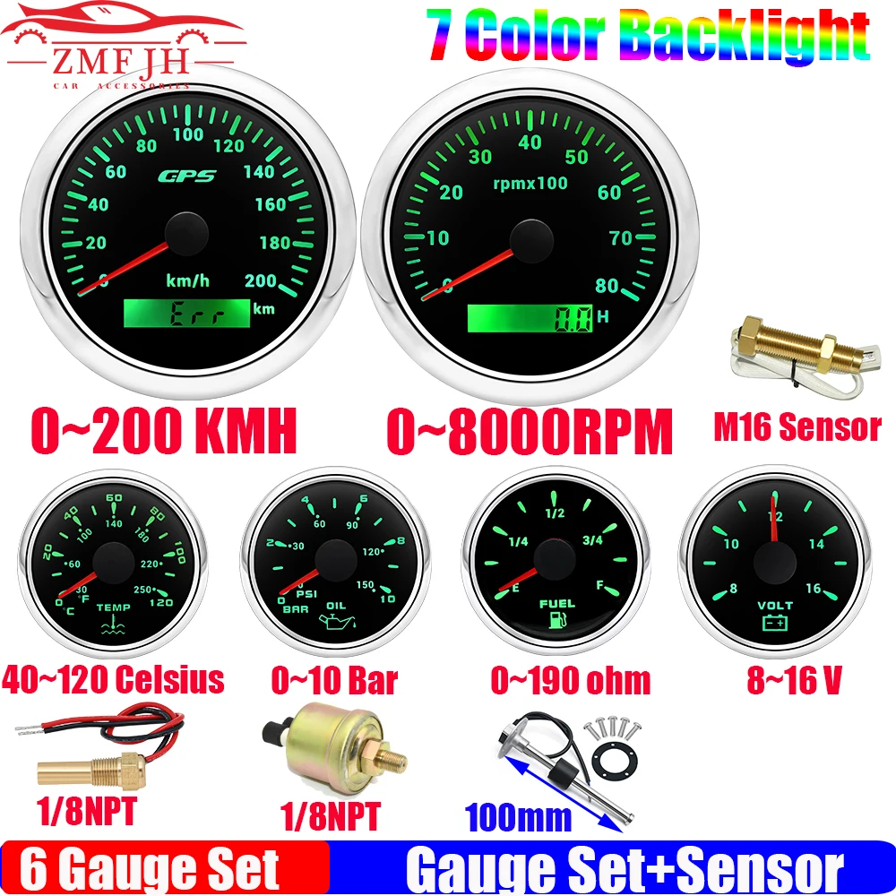 

6 Gauge Set 0~200KMH GPS Speedometer Tachometer 0-190 OHM Fuel Level Gauge Water Temperature Oil Press Voltmeter for Car Boat