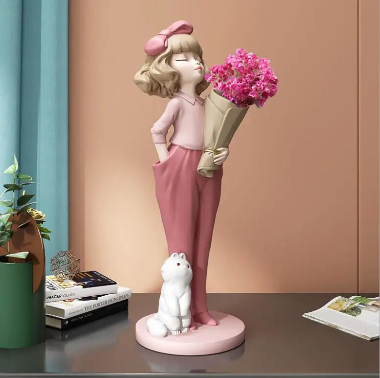 

European Storage Tray Bouquet Girl Resin Sculpture Crafts Home Livingroom Figurines Decoration Villa Hall Statue Accessories