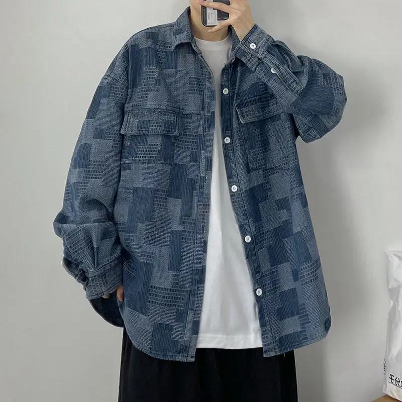 

2023 Retro Denim Shirts for Men Streetwear Clothes Jacquard Patchwork Long-Sleeve Button Down Shirt Jacket Spring Outerwear