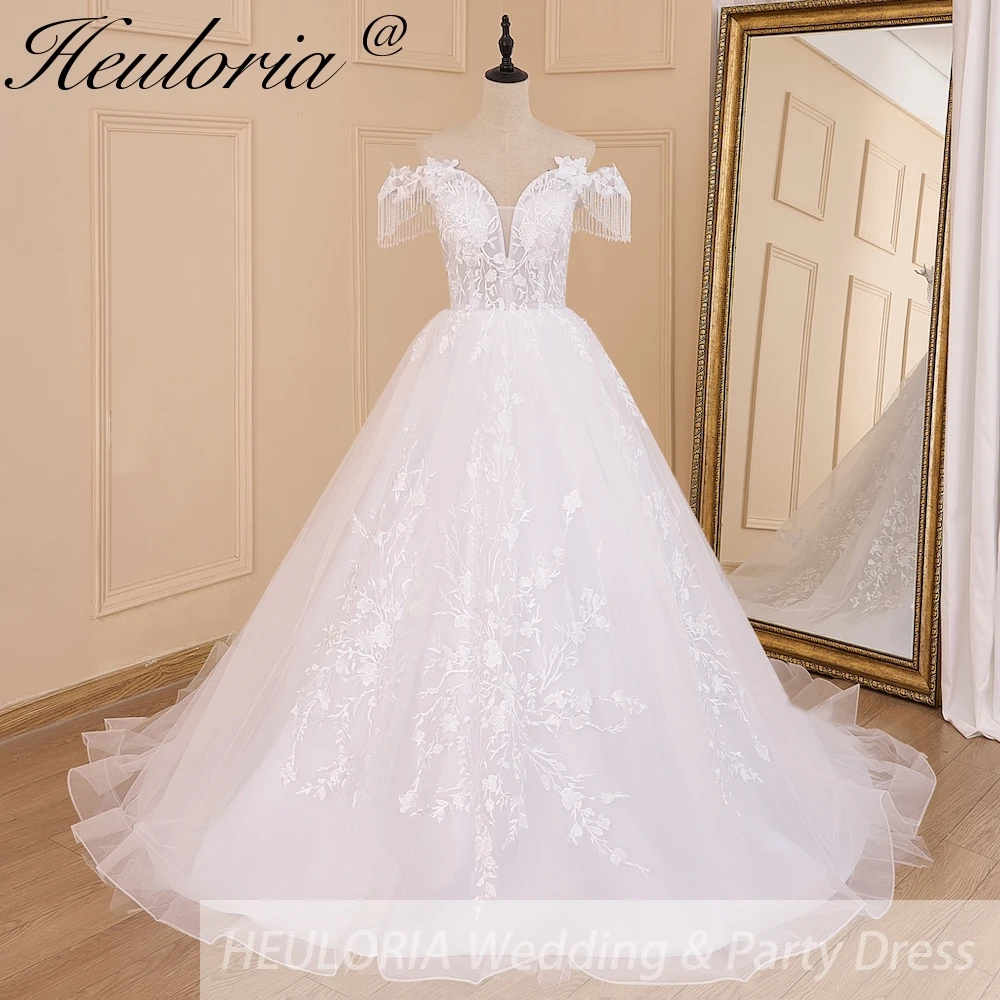 

HEULORIA vintage Wedding Dress off shoulder lace applique beading bride dress plus size lace up robe de mariee court train