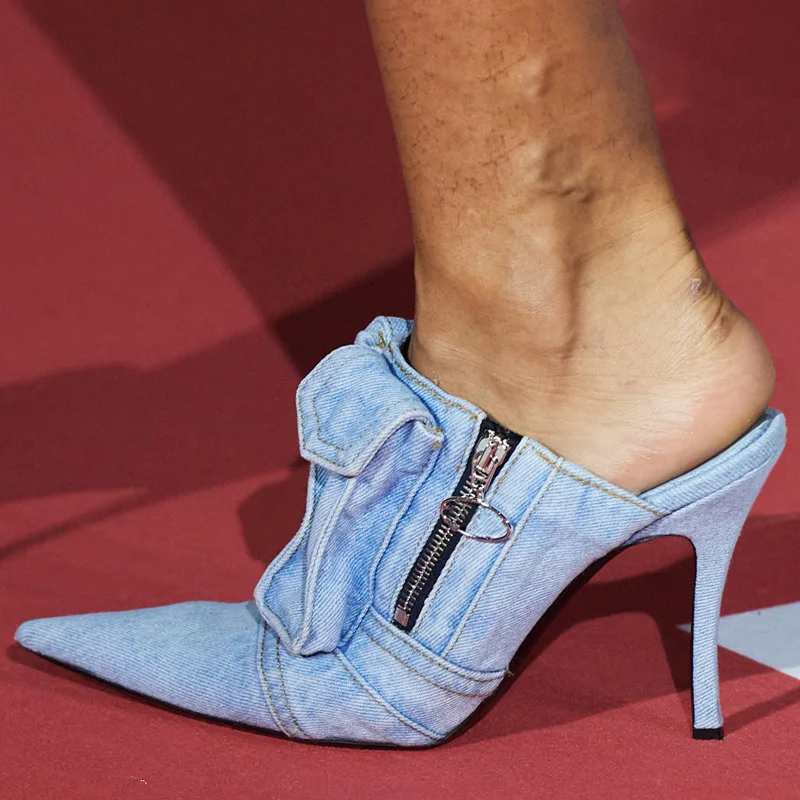 

Sexy Washable Vintage Denim Poacket Slipper Thin High Heels Pointed Toe Side Zipper Runway Stage Cowboy Pumps Woman