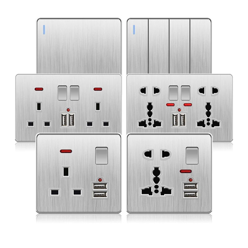 UK-13A-Brushed-Silver-220V-Wall-Light-Switch-Panel-Socket-Universal-USB ...