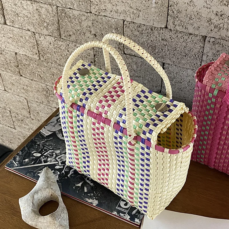 2023 New Women's Woven Handheld Vegetable Basket Mother's Bag Vertical Style Beach Holiday Waterproof Handbags