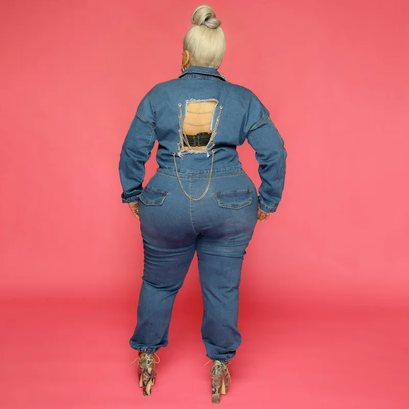 PlusSizeWomenJeanJumpsuitBacklessChainVNeckOnePieceOutfit
