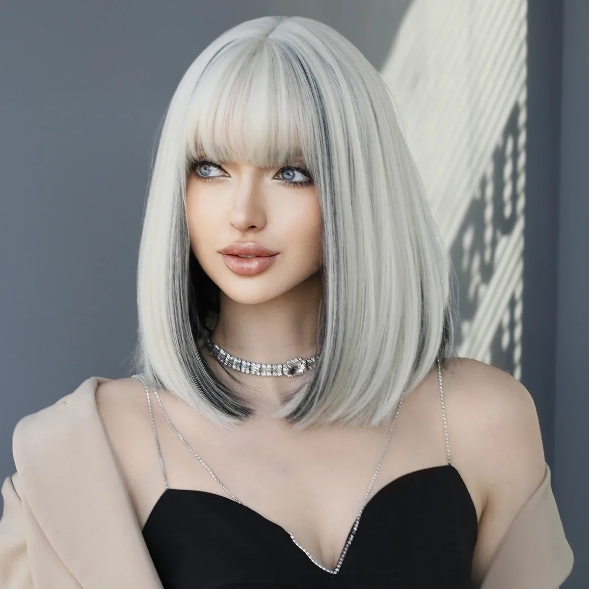 NAMM Short Straight Hair Bob Wig for Woman Daily Cosplay Lolita Wig Highlight Silvery Bob Wigs Synthetic Hair Heat Resistant