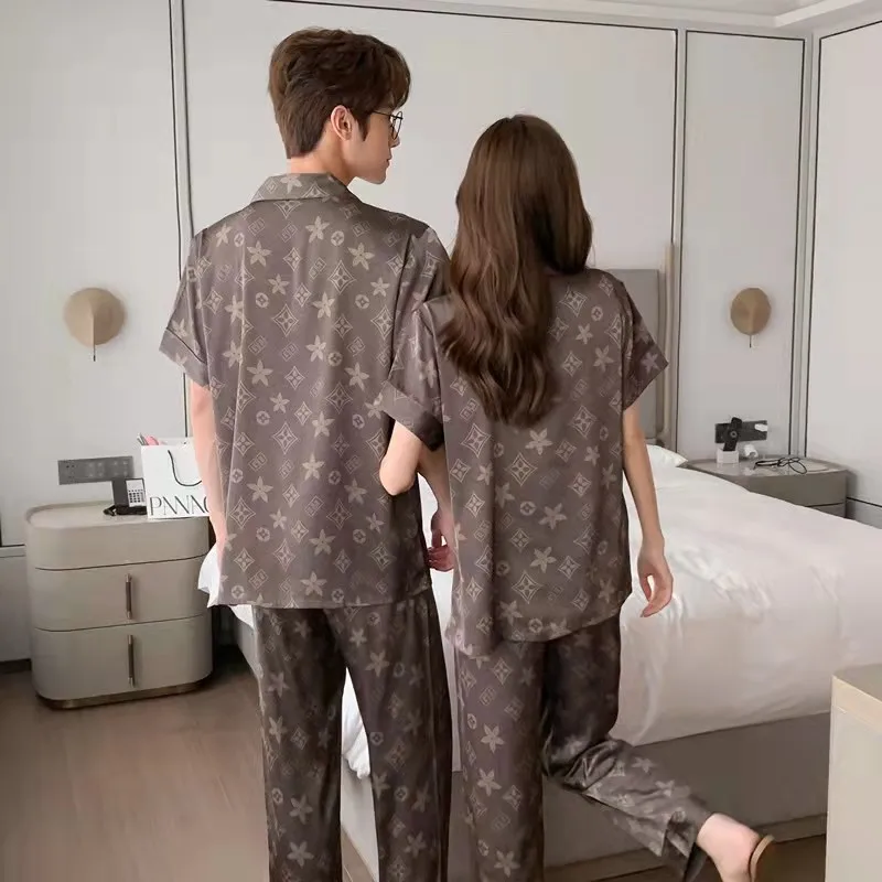 Fashionable new simulation silk pajamas for men and women, short sleeved long pants, couple's home clothing set
