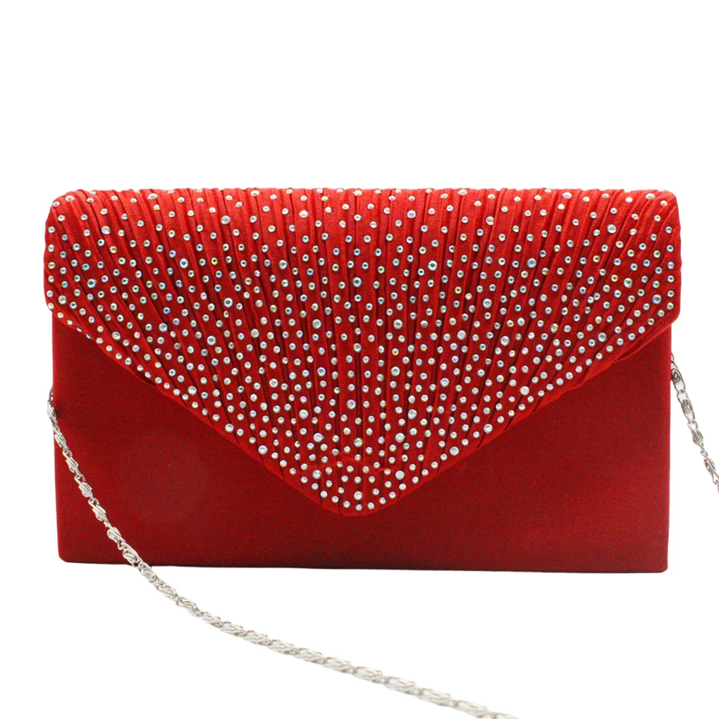 Polyester Women Envelope Bag Rectangular Rhinestone Replacement Stylish Solid Color Party Bridal Handbag White