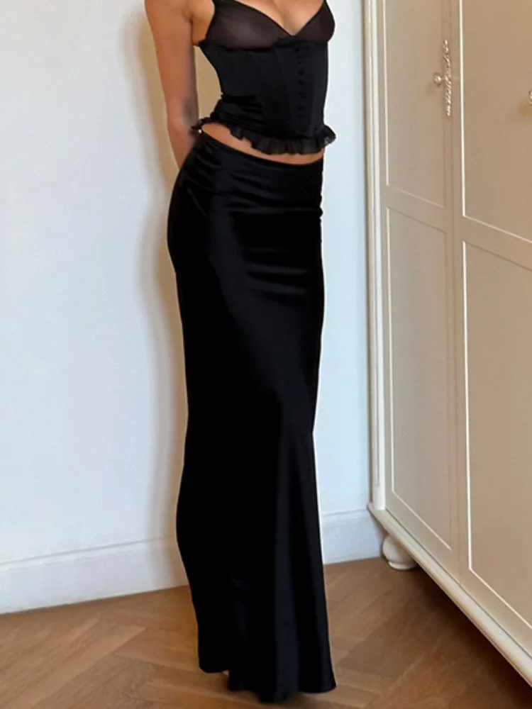 DEEPTOWN Black Satin Maxi Skirt Women Vintage Low Waist Bodycon Chic and Elegant Long Mermaid Skirt Autumn Old Money