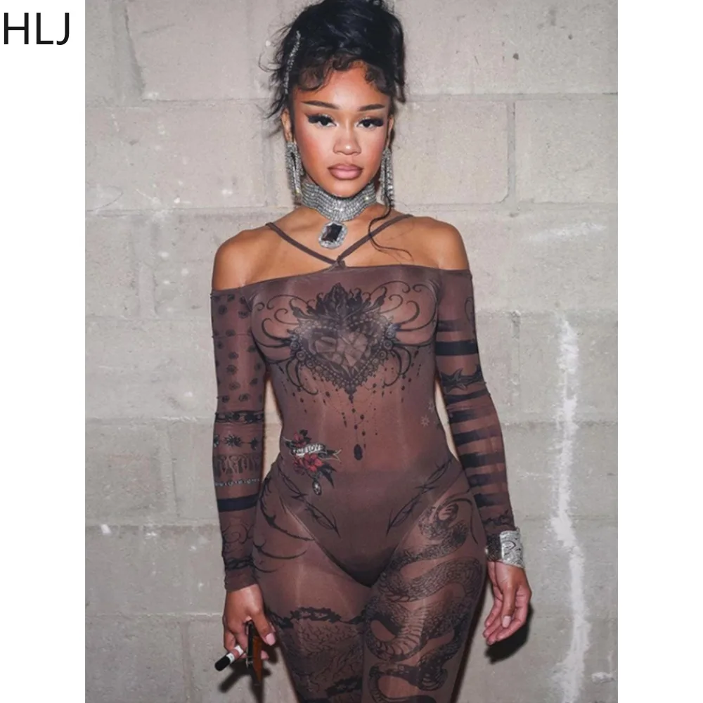 HLJ Sexy Print Mesh Perspective Halter Bodycon Jumpsuits Women Off Shoulder Long Sleeve Backless Playsuit Lady Nightclub Overall