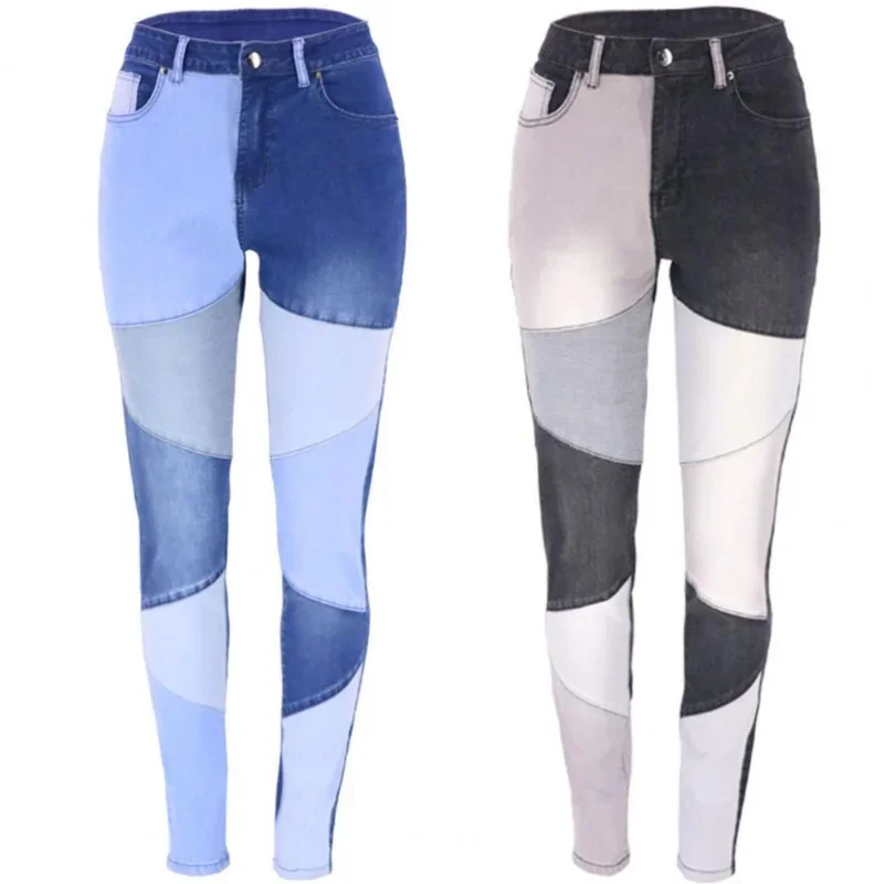 Women Fashion Splicing Jeans Slim Casual Tight High Waist Denim Trousers for Female Vintage Patchwork Skinny Pants Streetwear