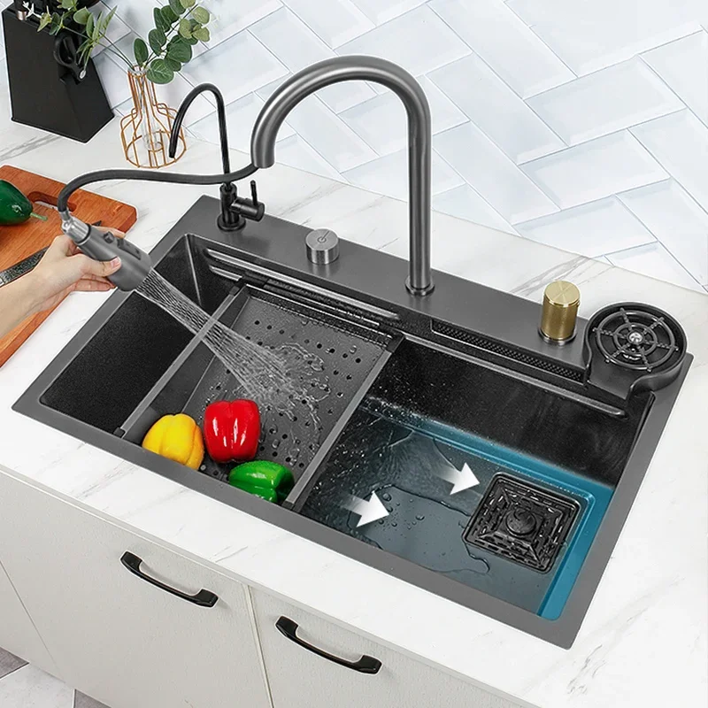 Black Nano Kitchen Sink 304 Stainless Steel Waterfall Sink Basin Large Single Bowl With Multifunction Touch Waterfall Faucet