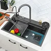 Black Nano Kitchen Sink 304 Stainless Steel Waterfall Sink Basin Large Single Bowl With Multifunction Touch Waterfall Faucet 4