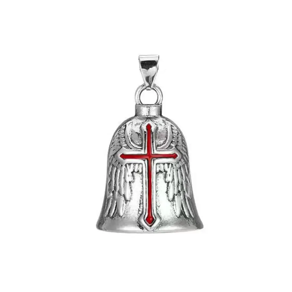 3D Design Motorcycle Guardian Bell Punk Style Retro Biker Good Luck Charm Alloy Wing Design Cross Pendant Bell Daily Wear