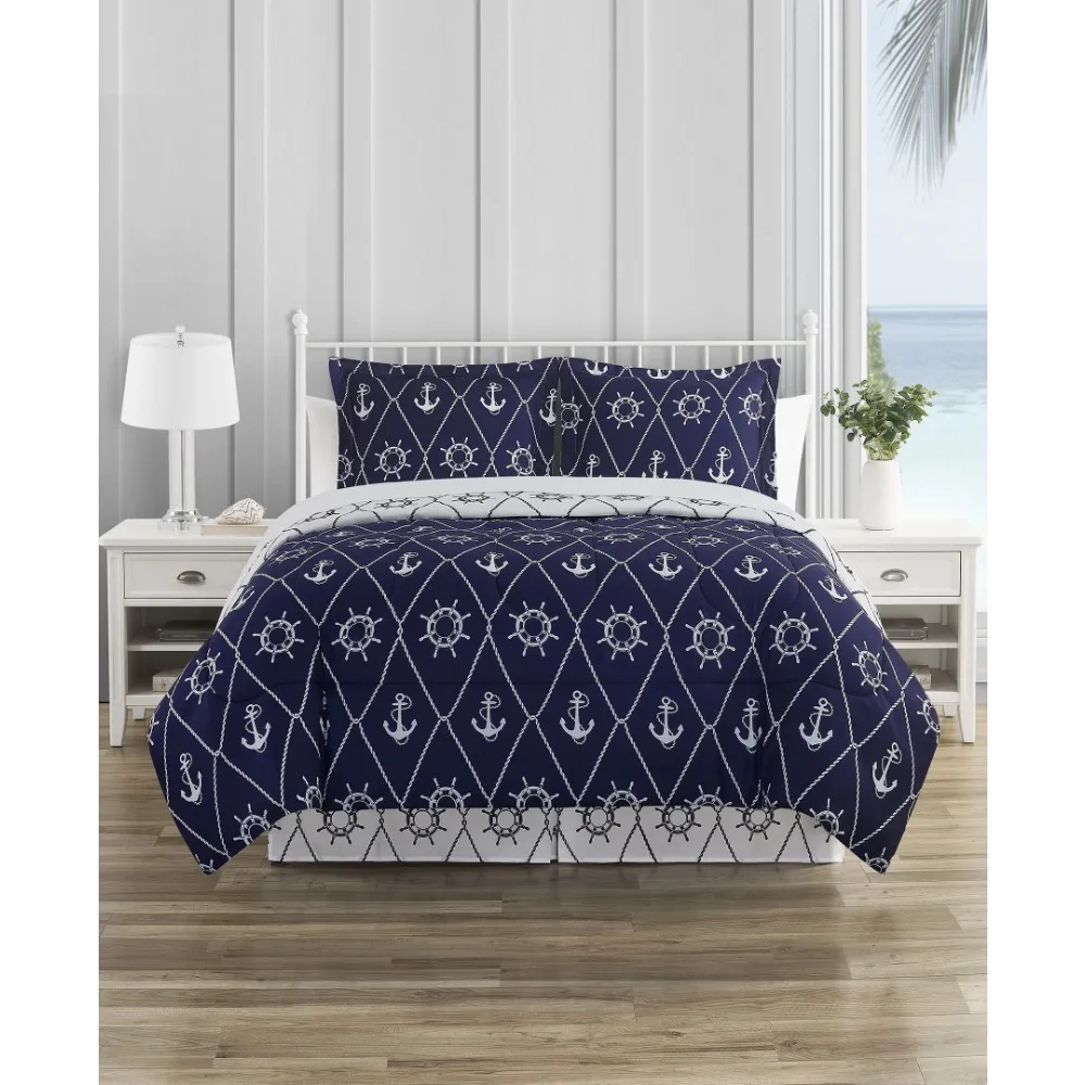 

Anchor Away Navy Ultra Soft Microfiber 8 Piece Reversible Comforter Bedding Set-Twin\Full\Queen\King\California King bedding set