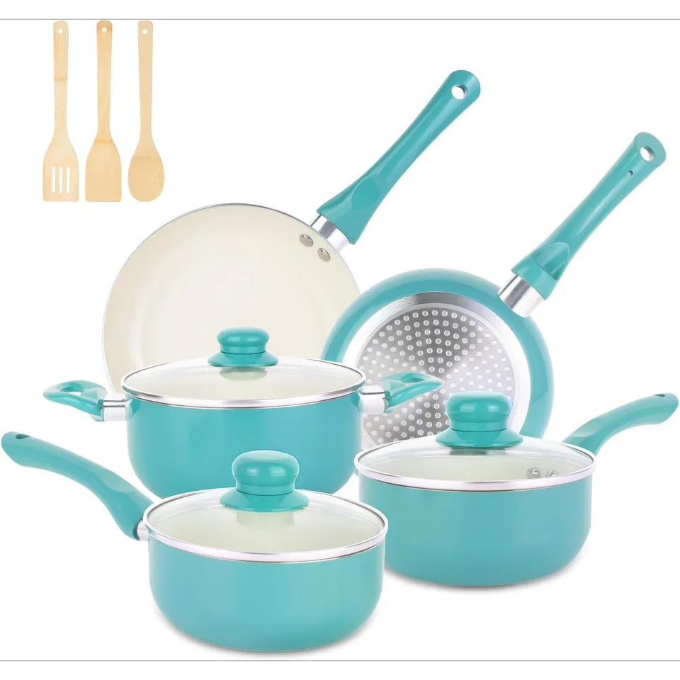 Ceramic Non Stick Cookware Set 11 Pieces Turquoise