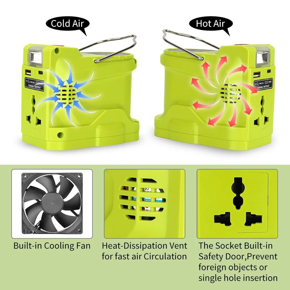 Ryobi 18V 리튬 배터리 용 200W 전원 인버터 발전기, DC 18V  AC 120V 220V 휴대용 발전소, 280lm LED 조명