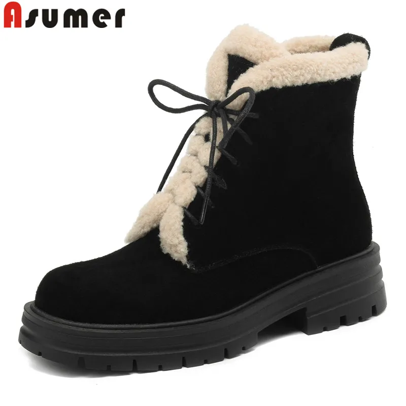 

ASUMER 2024 New Cow Suede Leather Snow Boots Women Shoes Lace Up Black Brown Thick Fur Warm Winter Boots Ladies Ankle Boots