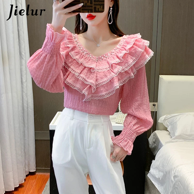 

Jielur Spring Long Sleeve Blouse Women Beading Ruffles V-Neck Chiffon Blouse Shirt Women Tops Blusas Mujer De Moda 2021 Blouses