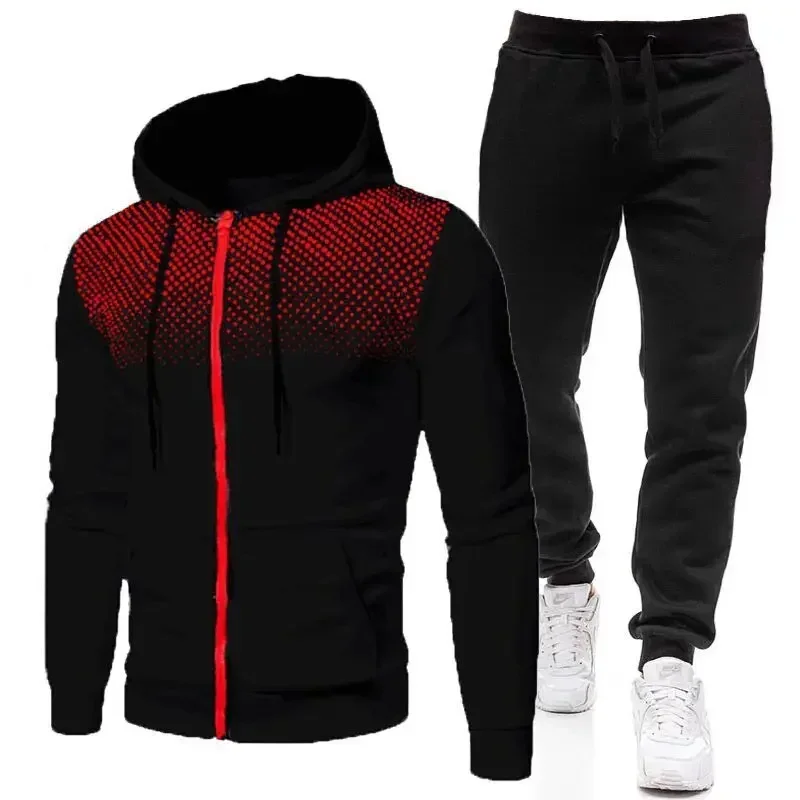 Fashion Print Tracksuit for Men Zipper Hooded Sweatshirt and Sweatpants Two Pieces Suits Male Casual Fitness Jogging Sports Sets 2