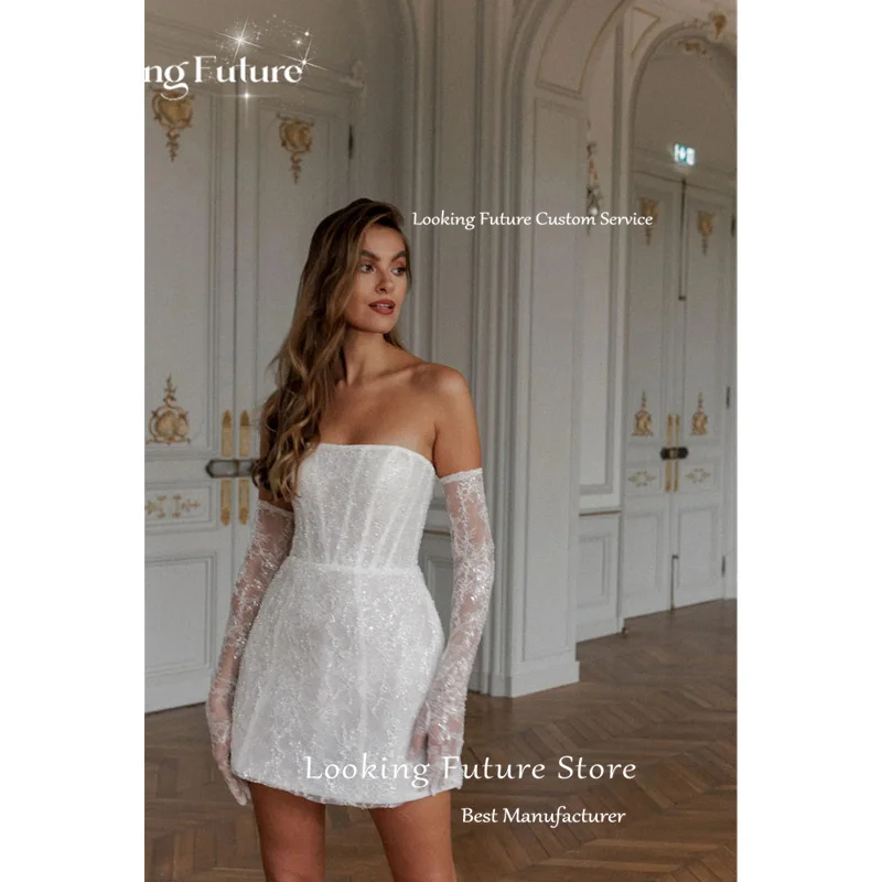 Simple A-Line Mini White Wedding Dress Sexy Strapless Formal Pleat Shiny Sequined Sleeveless Vintage Backless Short Customized 14 S6b1371abe04944fe9f28c1c8cdc2578fI