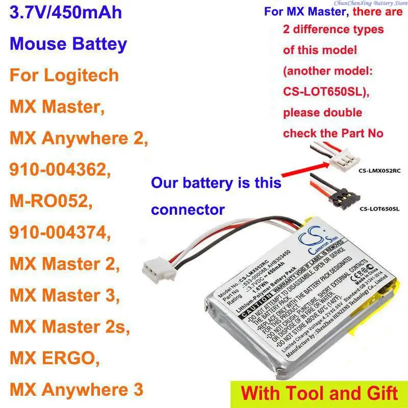 Batteria Mouse 450Mah Per Logitech M-Ro052, Mx Anywhere 2, Mx Master, Mx Master 2, Mx Master 2S, Mx Master 3,Mx Anywhere 3