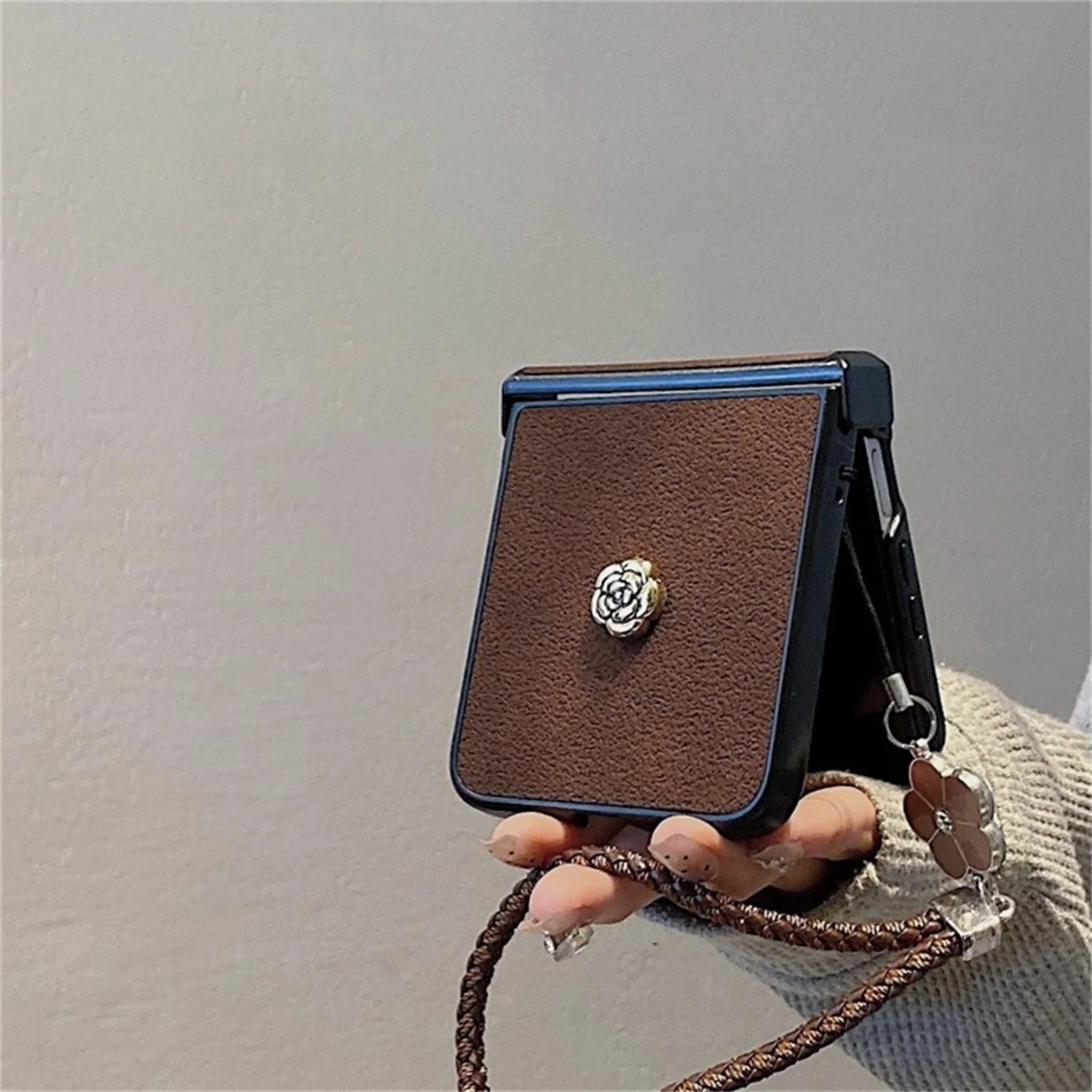 Luxury Brown 3D Camellia Phone Case with Strap – Elegant Back Cover