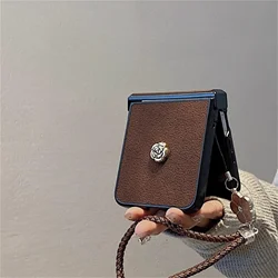 Luxury Brown 3D Camellia Phone Case with Strap - Elegant Back Cover - Z Flip 8 (A)