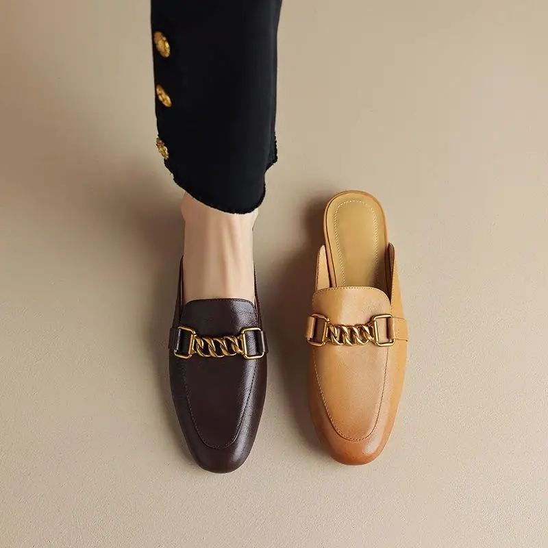 2024 Summer New Genuine Leather Baotou Muller Shoes Half Slippers Women's Flat Bottom Casual Single Shoes