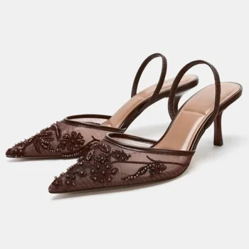 Sexy Pointed Toe Mesh Embroider High Heels for ladies Elegant String Bead pumps Summer Luxury Designer Shoe Brown Heeled Sandals 1