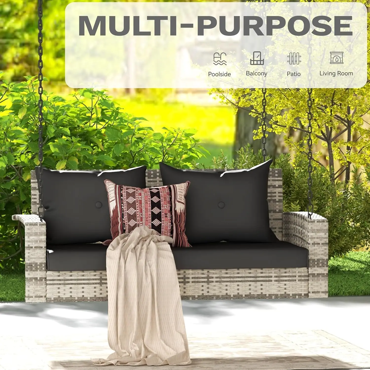 2-Seater Wicker Swing Chair. Outdoor Gray Rattan. 2 Back Cushions. 530lbs Capacity. Garden, Balcony. Gray Rattan. Black Cushion.